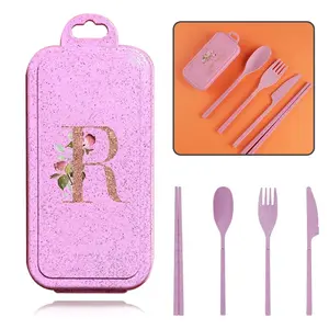 Initial Letter Pattern Cutlery Set, 4 Counts/set Including Spoon, Fork, Knife & Chopsticks with Storage Box, Reusable Cutlery Kit for Camping Picnic Travel Tableware Kit