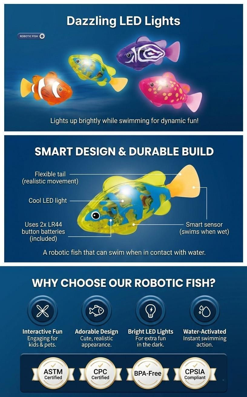 Make pooltime fun! LED glow-in-the-dark swimming fish - activates when wet, wobbles and lights up, perfect for babies and toddlers to play with during bath time, the perfect gift for your little one.
