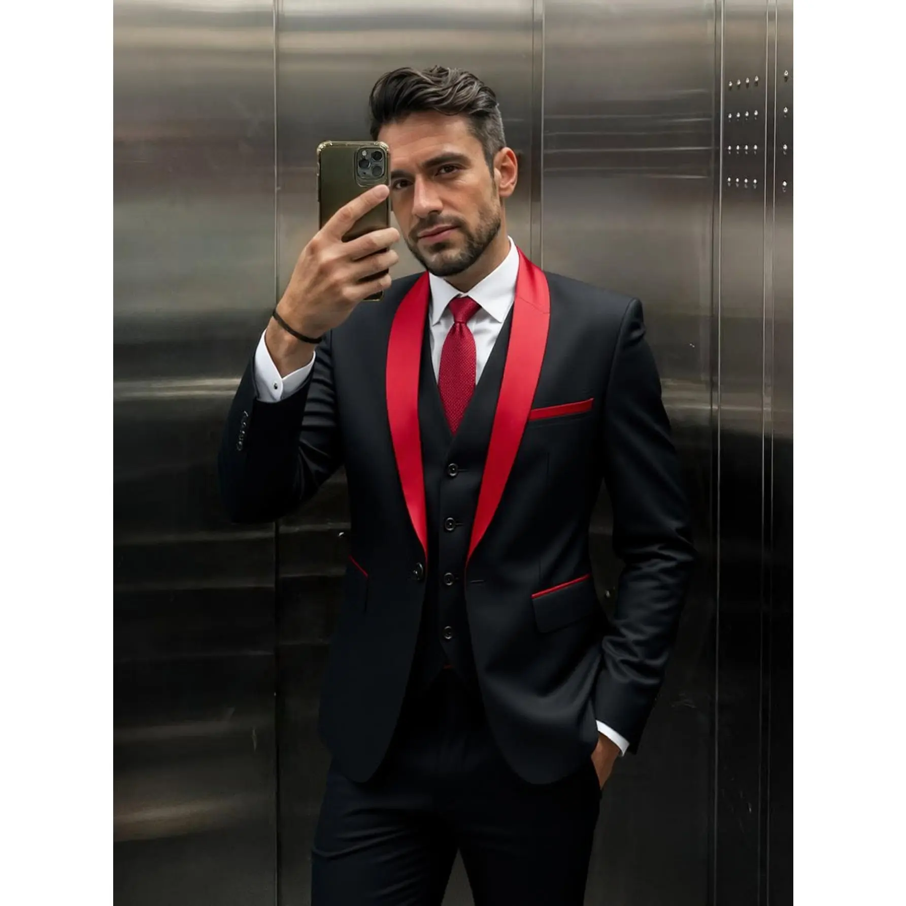 Men's 3-Piece Slim Fit Formal Wear Suit - Smooth Polyester Long Sleeve Shawl Lapel Blazer, Vest & Pants - Menswear Wedding Tuxedo, Classic, Matching, Wrinkle, Jacket, Rayon, Pockets