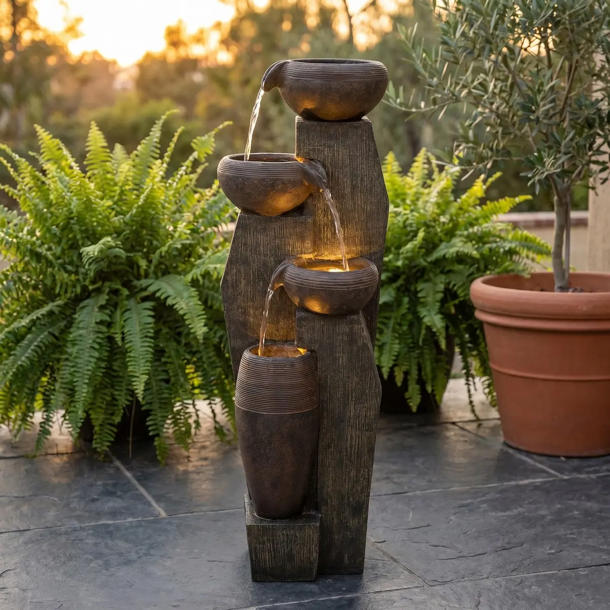 Outdoor Garden Water Fountain with Cascading Bowls, 34.84" Tall Plug-In Patio Fountain with Warm LED Lights, Stone-Look Freestanding Waterfall Décor for Backyard, Porch, Deck, and Garden