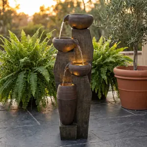 Outdoor Garden Water Fountain with Cascading Bowls, 34.84" Tall Plug-In Patio Fountain with Warm LED Lights, Stone-Look Freestanding Waterfall Décor for Backyard, Porch, Deck, and Garden
