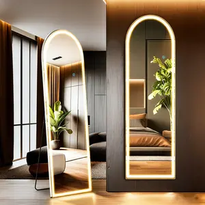 Arch LED Full Length Mirror, Tempered Glass Arched Dressing Mirror with Dimmable 3 Color Lights, Wall Mounted/Free Standing Full Body Mirror for Bedroom Closet