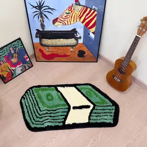 Cool Money Pattern Tufted Modern Abstract Rug, Creative Dollar Stack Design Mat, Personalized Bedroom Bedside Blanket, Decorative Rug Mat, Anti-Slip Wear-Resistant Home Decor
