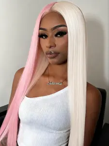 4x1 Pink And White Straight Lace Front Wigs Middle Parting Heat Resistant Synthetic Fiber, Soft & Lightweight Natural Parting, Natural Looking Wig Lace Frontal Wig