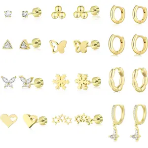 12 Pairs 14K Gold Plated Flat Back Hypoallergenic Earrings for Women Men Surgical Stainless Steel Earrings for Sensitive Ears Small Gold Stud Hoop Cartilage Earring Stack Set for Multiple Piercing Jewelry