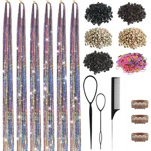 Hair Tinsel Kit 7600 Strands Fairy Extensions Holographic Heat Resistant Glitter with Tools Beads Micro Silicone Rings for Girls Parties Festivals