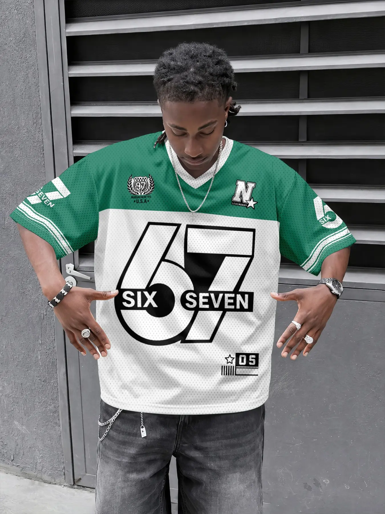 American streetwear T-shirts, Graphic, Casual, Print, Hip-hop fashion trends, color-blocking + large numbers ("67") combined with "N" and "SIX SEVEN" visual design, Menswear, Long, Fitted, Top