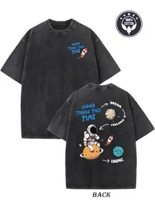 Men'S Heavyweight 230g Retro Pattern T-Shirt | Double-Sided "GOOD THINGS TAKE TIME" and Astronaut Print, Loose Hip-Hop Street Style, Machine Washable, Durable Design, Crew Neck, All-Season Wear vintage style top