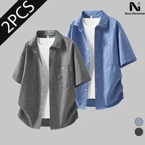Men's 2 Pack Vintage Micro Plaid Shirts, SummerVibes,Oversized Loose Fit Short Sleeve Button Down Tops, Breathable Lightweight Checkered Casual Shirts with Chest Pocket, Summer Daily Wear Versatile Tops, Plus Size Mens Casual Shirts