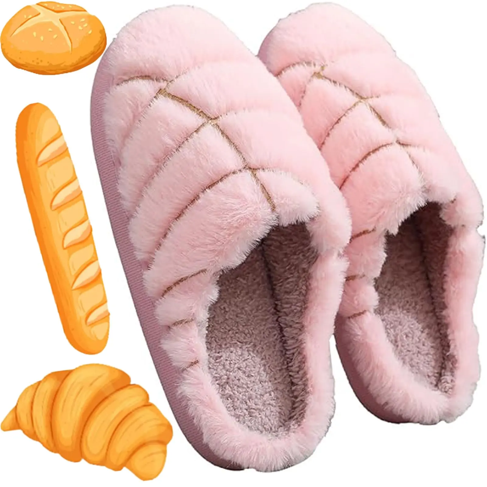 Concha Cute Bread Slippers for Women Men Mexican Concha Pantuflas Soft Plush Memory Foam House Slippers Casual Round Toe Pull-On Warm Comfortable TPR Material