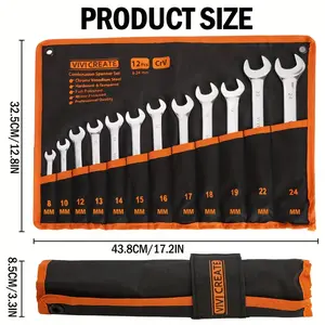 VIVICREATE 12pcs Metric Combination Wrench Set 6-32mm Open End Cr-V with Roll-up Pouch Ideal for Household Garage Workshop Auto Repairs