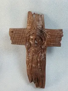 Kansas Wood Shop Handcrafted Rustic Cross with Jesus Face Crucifix Decorative Religious Artwork Walnut Wood 7.5" x 5.5" Hanging Ornament