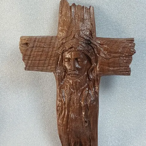 Kansas Wood Shop Handcrafted Rustic Cross with Jesus Face Crucifix Decorative Religious Artwork Walnut Wood 7.5" x 5.5" Hanging Ornament