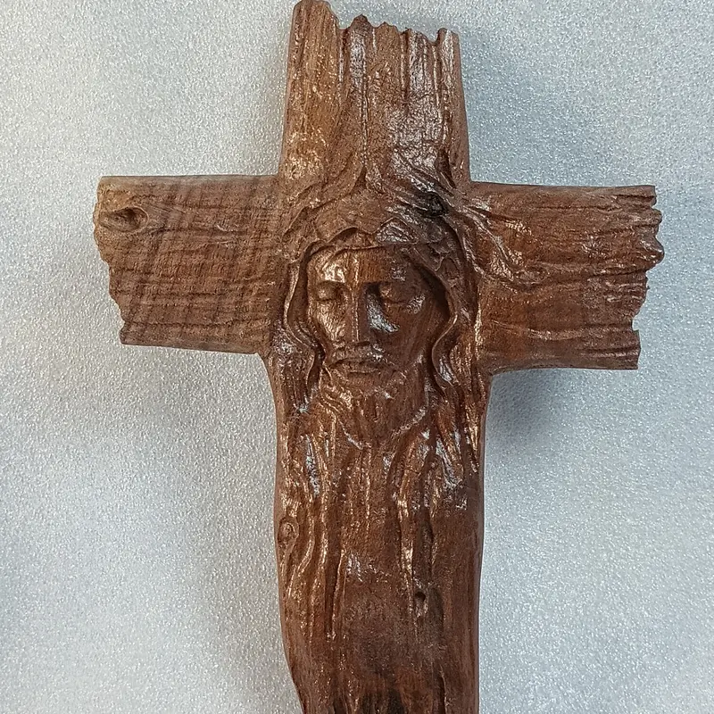 Kansas Wood Shop Handcrafted Rustic Cross with Jesus Face Crucifix Decorative Religious Artwork Walnut Wood 7.5" x 5.5" Hanging Ornament