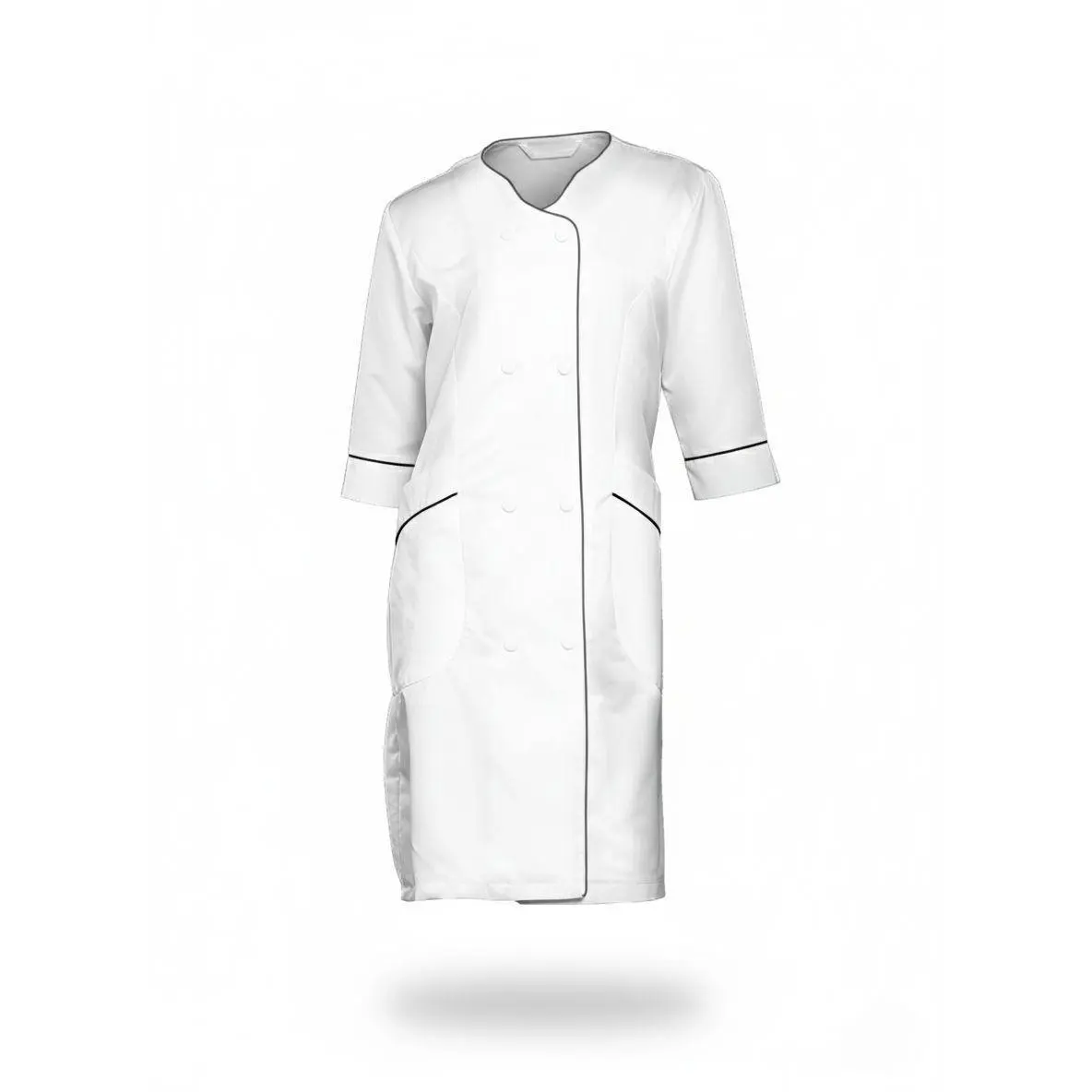 StylistWear Women's Minimalist Spa Uniform Coat, 3/4 Sleeve Snap-Front Polyester Workwear with Side Pockets, Basic Cut, Plus Size Ladies' White/Black Clothes (L/XL)