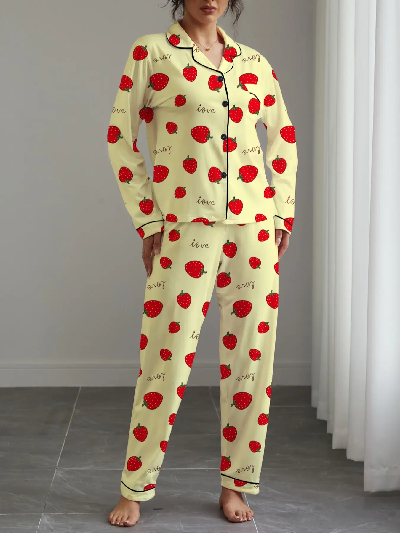 Women's Strawberry Printed Love Print Sleepwear Set, Long Sleeve Button-Up Fitted Top & Elastic Pants, Casual Fall Winter Pajamas, All Season Loungewear, Casual Loungewear Outfit, Home Wear, Pyjamas, Pjs, Womenswear