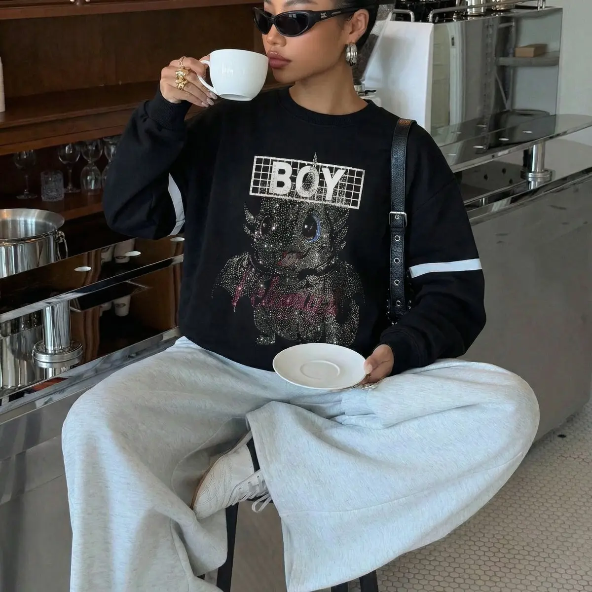 "Y2K Grunge Rhinestone Dragon Boyfriend Sweatshirt TCH-B #Streetwear #AltFashion #CropSweatshirt #Oversized"