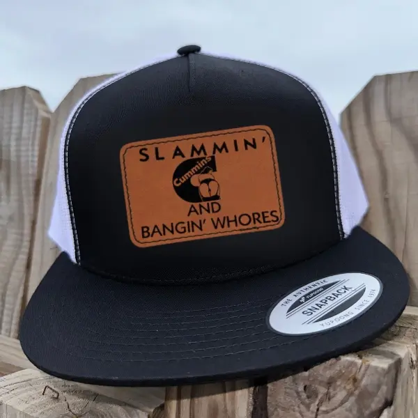 Slammin' Cummins Trucker Hat | Funny Leather Patch 7 Panel Mesh Snapback | Flat Bill Diesel Truck Cap | Gift for Him