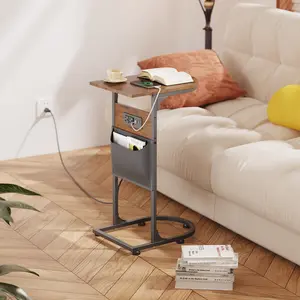 Narrow C-Shaped End Table with Fabric Storage Bag, Metal Frame Side Table for Bedroom and Living Room, Sofa Table for Couch, Perfect for Small Spaces,
