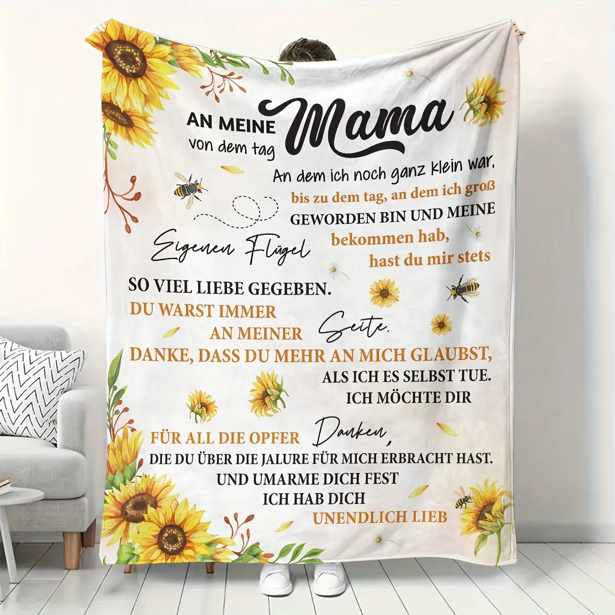 German An Meine Mama Mom Gift Soft Cozy Flannel Blanket Sunflower Sentimental Love Letter Plush Throw Warm Fuzzy Bedroom Sofa Blanket Perfect Mother's Day Birthday Holiday Gift for Mom Grandma Women