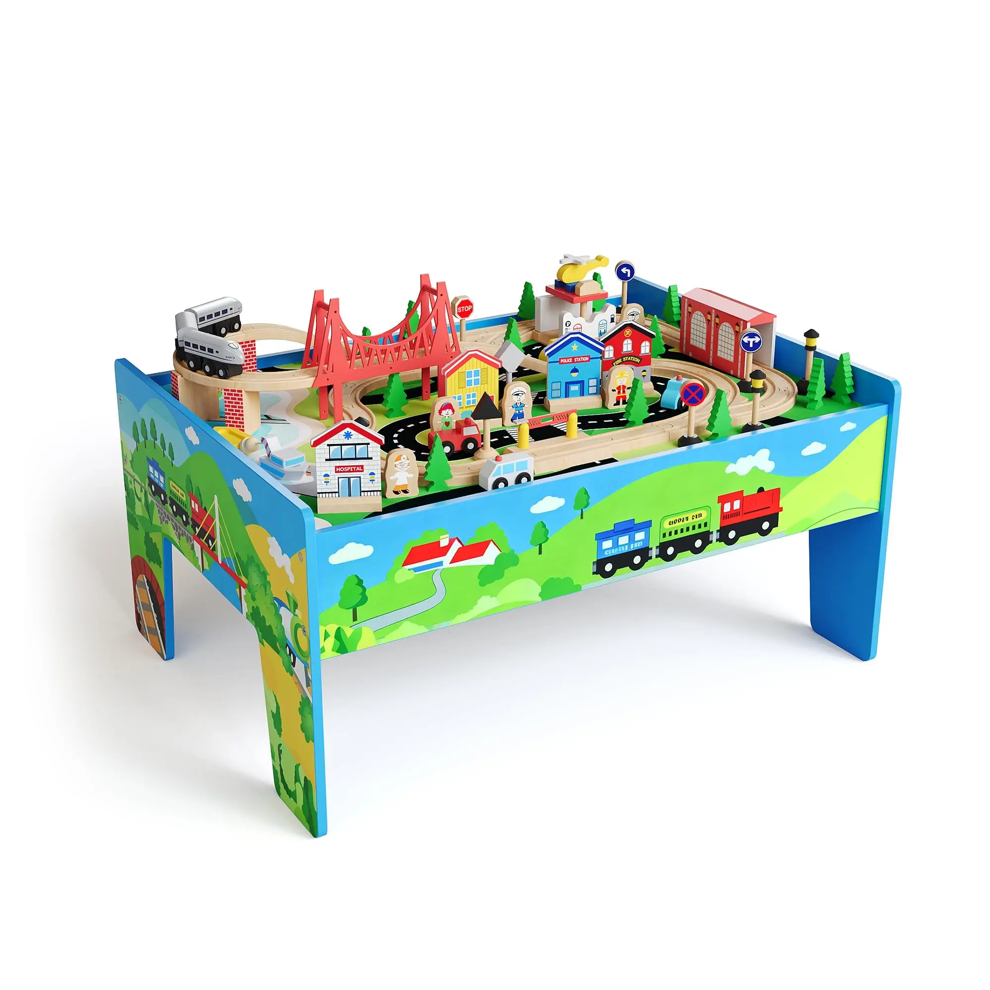 GAOMON 2-in-1 Play & Study Train Table-Study Desk, 80-Piece Wooden Activity Playset with Tracks, Railway, Character Figurines, City Scene, Hospital & Accessories, Kids' Gift for Ages 3+