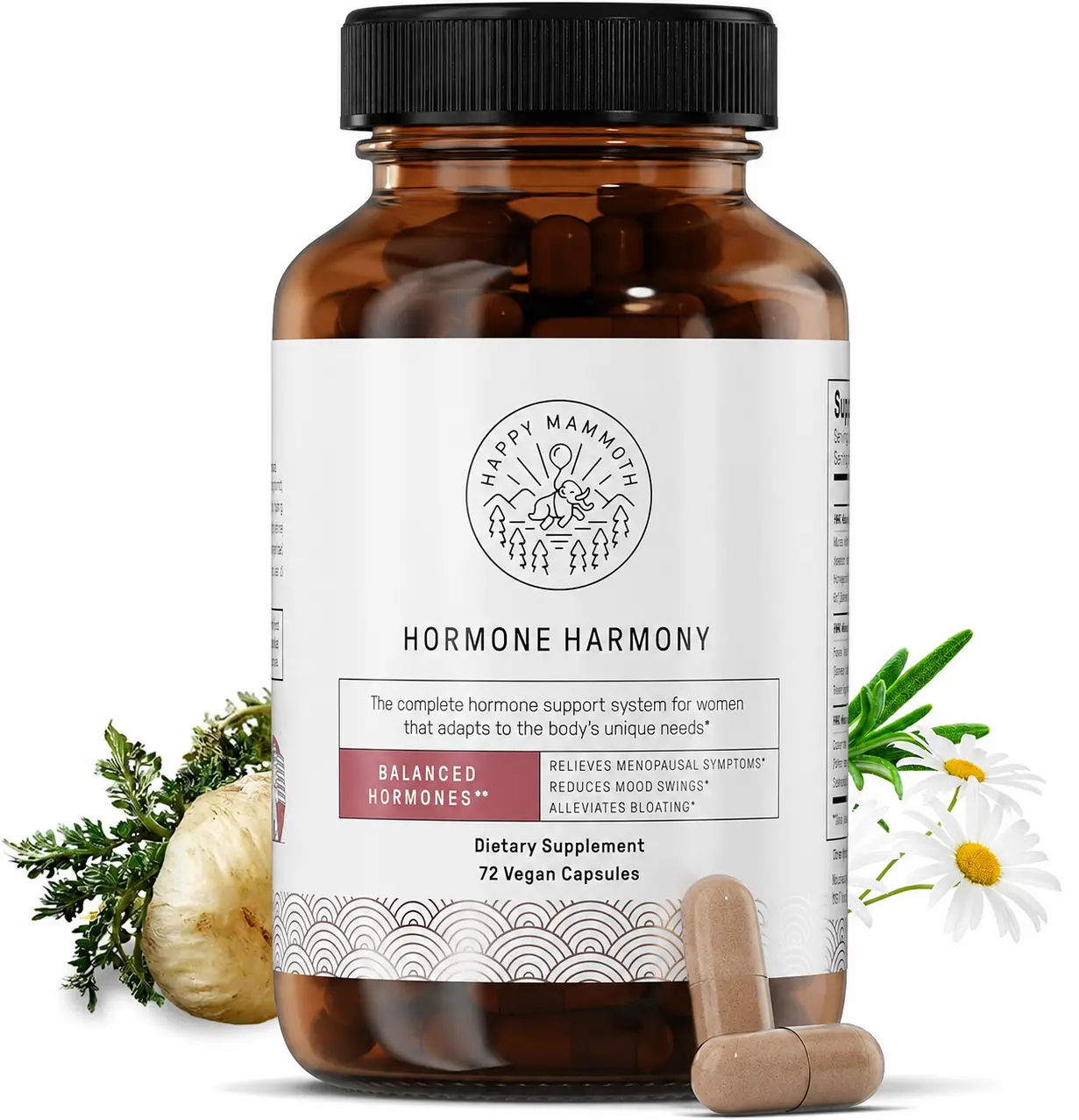 Happy Mammoth Hormonal Balance Support for Women, Menopause & Perimenopause Care, Hot Flash Support, 72 Capsules