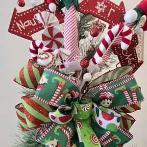 Elf Tree Topper with Colorful Ribbon and Candy Cane Design for Christmas Decorations