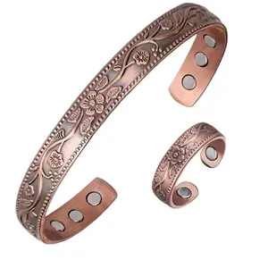 Magentic Copper Bracelet and Ring for Women, Vintage Flower Copper Cuff Bracelet with Magnets, Adjustable Width Men's Magnetic Copper Bracelet