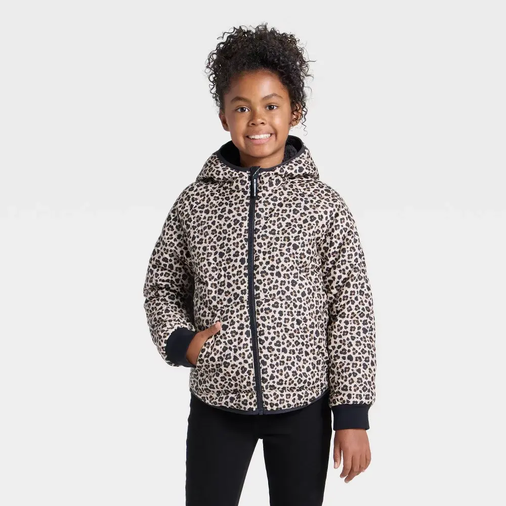 Cat & Jack Girls' Reversible Hooded Puffer Jacket - Leopard Print & Faux Fur Design - Recycled Polyester with Ribbed Cuffs