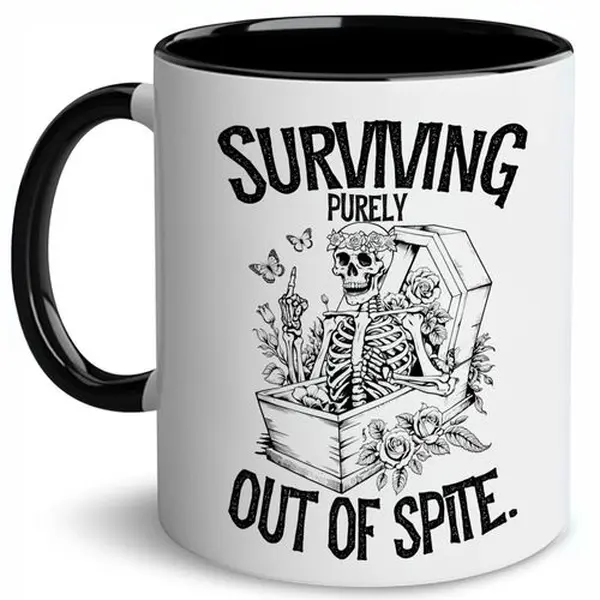 Retro Surviving Purely Out Of Spite Mug, Funny Goth  Skeleton Mugs, Gothic Survivor Cup, Anxiety Awareness Gift, Witchy Ceramic Coffee 11Oz 15Oz Mug