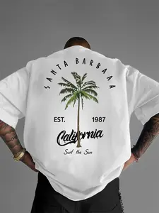 Unisex California Surf Themed Tropical Printed Casual Letters Print Round Neck T-Shirt, 2026 American Classic Casual Must-Have, Oversized Loose Style for Beach Vacation, Daily Leisure, Surf Gatherings, A Versatile Piece with Vacation Vibe & Trendy Style