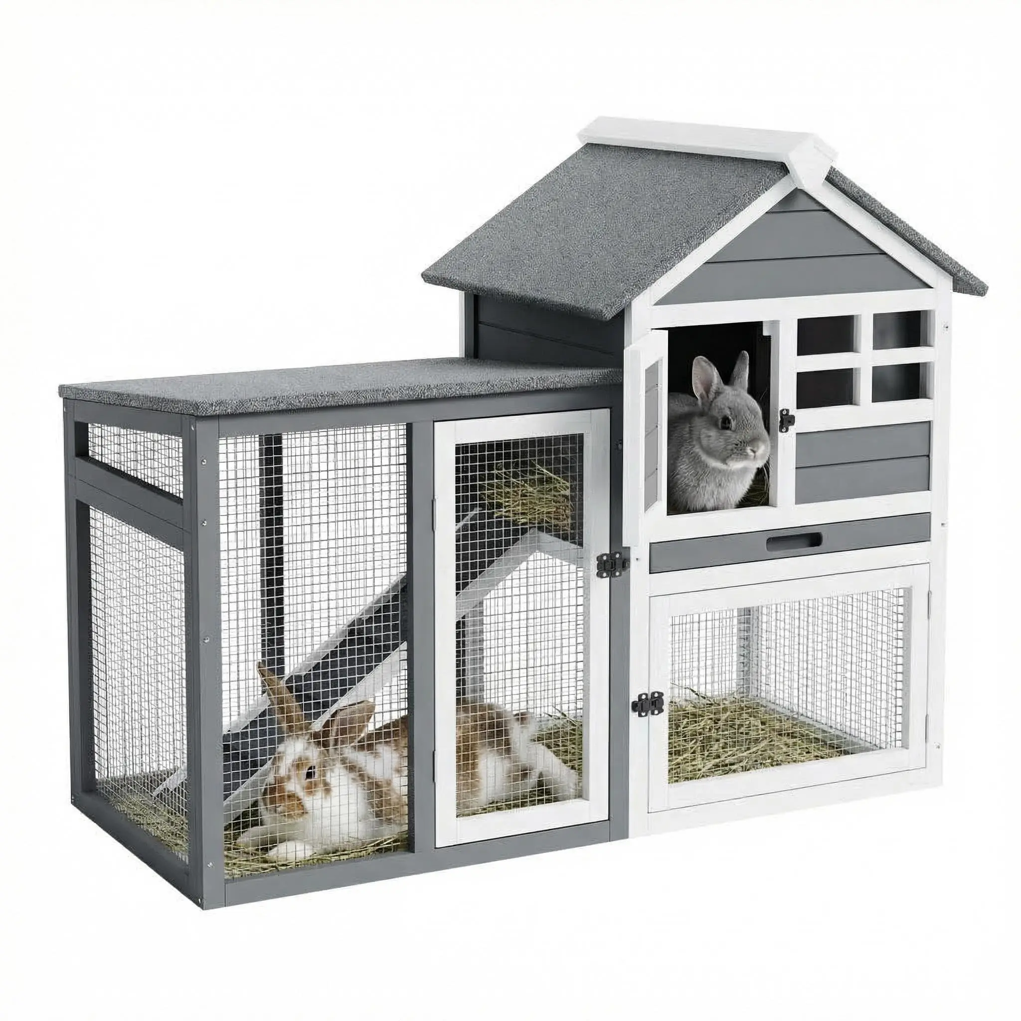 GARVEE 2-Story Rabbit Hutch Outdoor, 45" Bunny Hutch, Small Chicken Coop Wooden with Pull-Out Tray & Ramp, Bunny Cage with Waterproof Roof, Poultry Cage for Bunnies, Chickens, Ducks, Guinea Pigs