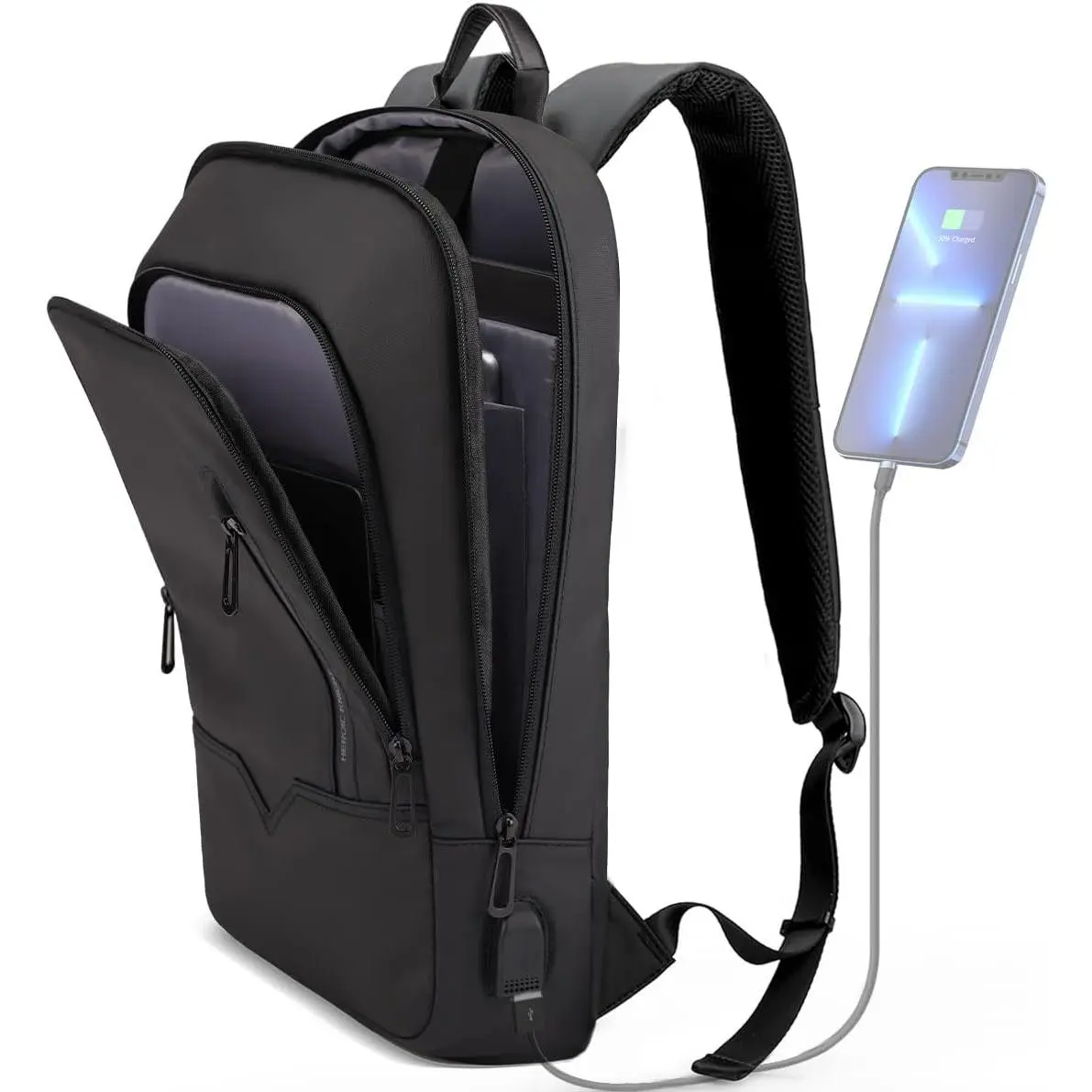 Chic Male Leather Laptop Backpack - 15.6 in, 17*10.5*3 in, Plain, Scratchproof, Slim Business Casual, Lightweight Waterproof, Anti-Theft, Internal USB Port, for Work Travel, Adults (Black)