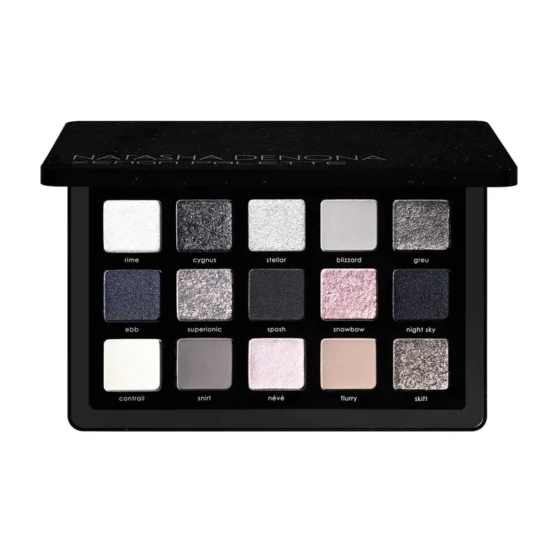 Natasha Denona Xenon Eyeshadow Palette - 15 Multi-Dimensional Shades for Makeup & Cosmetic Use - Glitter Glam White Smokey Versatile Hues Vivid Grays