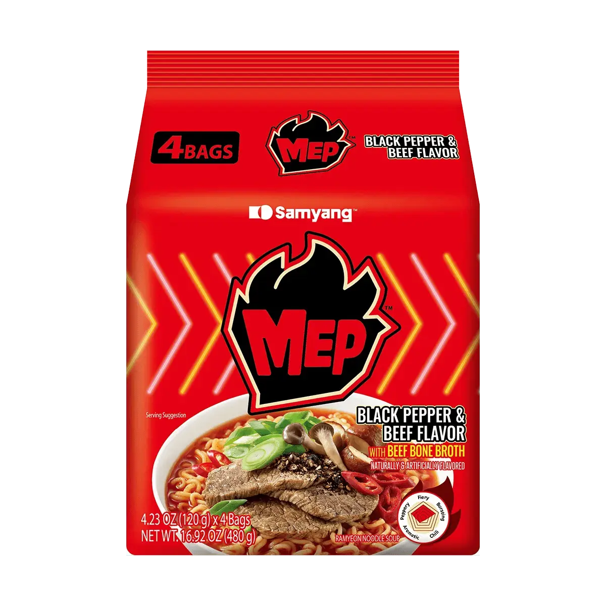 Samyang MEP Series Black Pepper Beef Soup Ramen Noodles - 4 Pack, 480g - Authentic Korean Instant Noodles with 5-Spice Heat