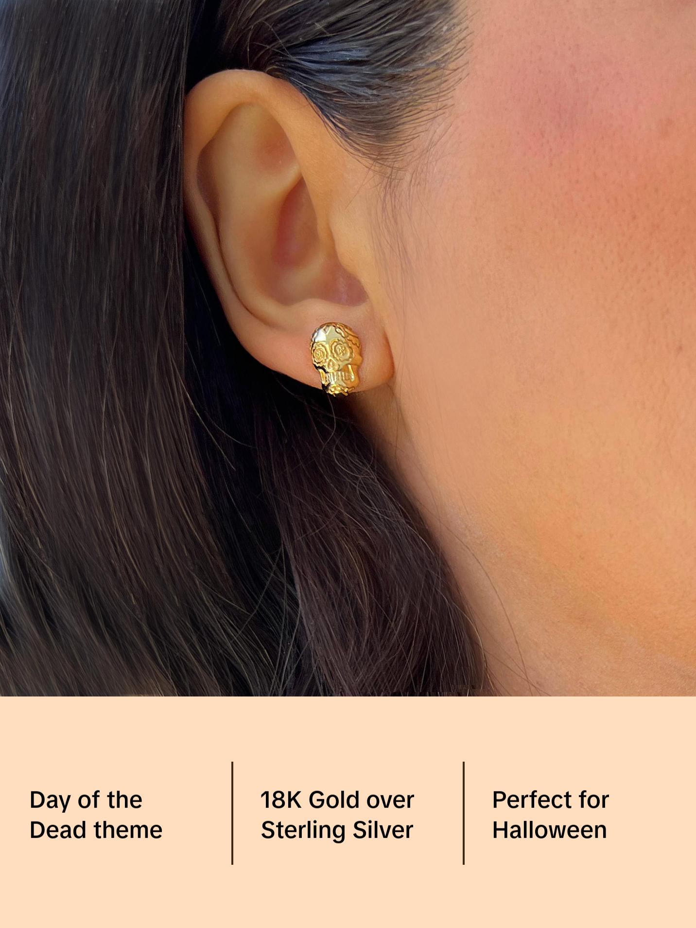 SONIA HOU Day of the Dead Skull Stud Earrings - 18K Gold Over Sterling Silver | S925 Dia De Los Muertos Chic Fashionable Exquisite Fashion Design