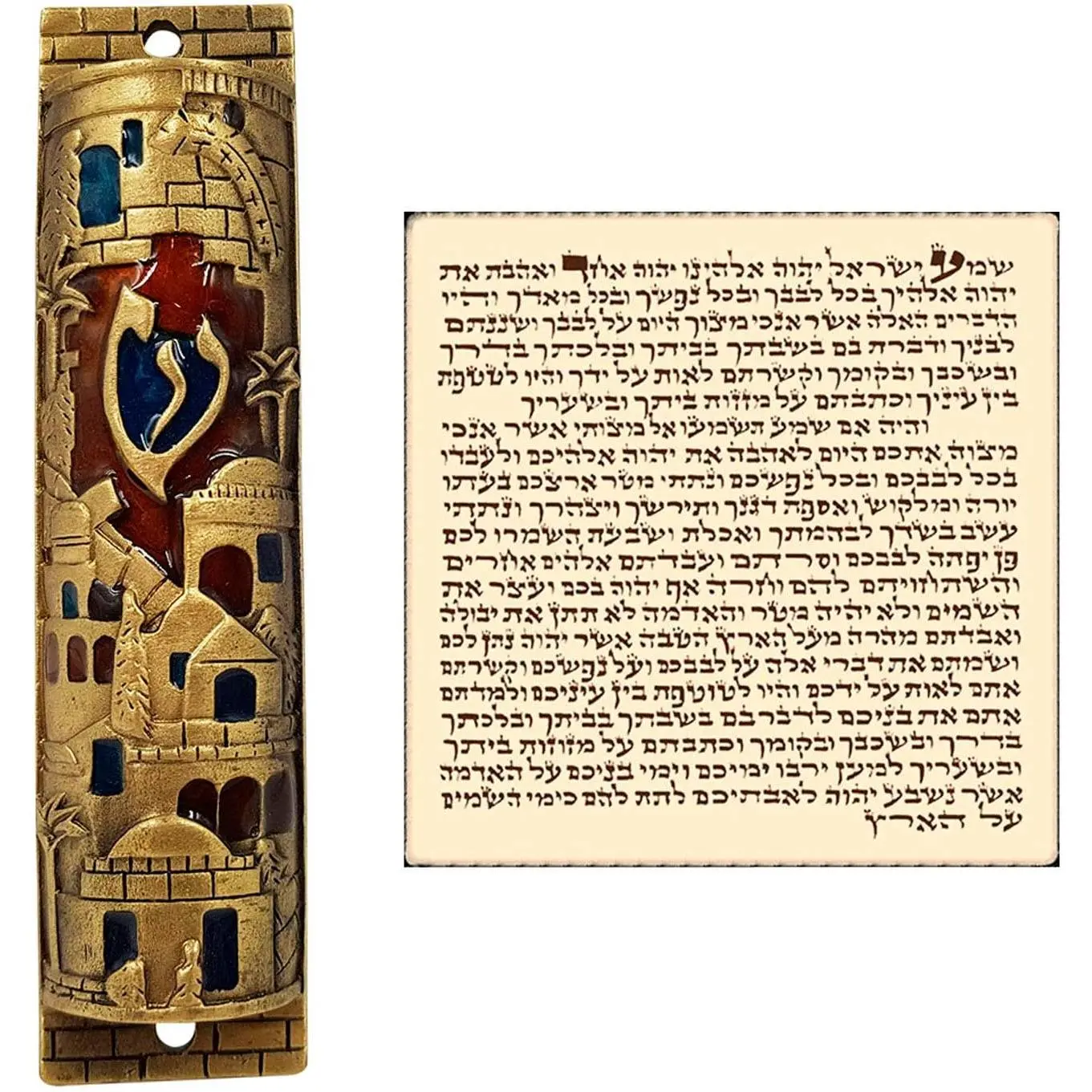 Classic Gold Enamel Jewish Mezuzah Case (4x1 in) - Religious Judaism Hanging Home Decor, Includes Scroll & Self-Stick Tape, Gift Boxed for Bedroom, Jerusalem Roof Doors, Housewarming/Hanukkah Gifting