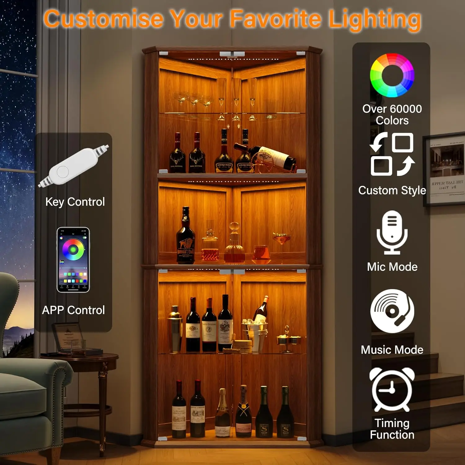 71.6 in Modern Corner LED-Lighted Tempered Glass Storage Cabinet Sideboard - 5-Tier Tall Buffet Sideboard Cabinet, Adjustable Shelves, Glass Door, RGB LEDs for Living Room, Home Bar, Tempered Glass Cabinet