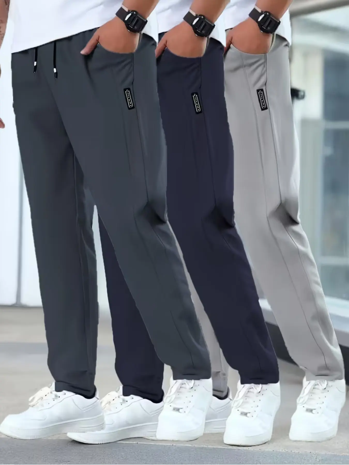 3pcs Plus Size Men's Lightweight Straight Leg Pants, All-Season Casual & Business Casual, Dark, Light, Blue, Breathable Soft Comfy Trousers, Casual Business Bottoms