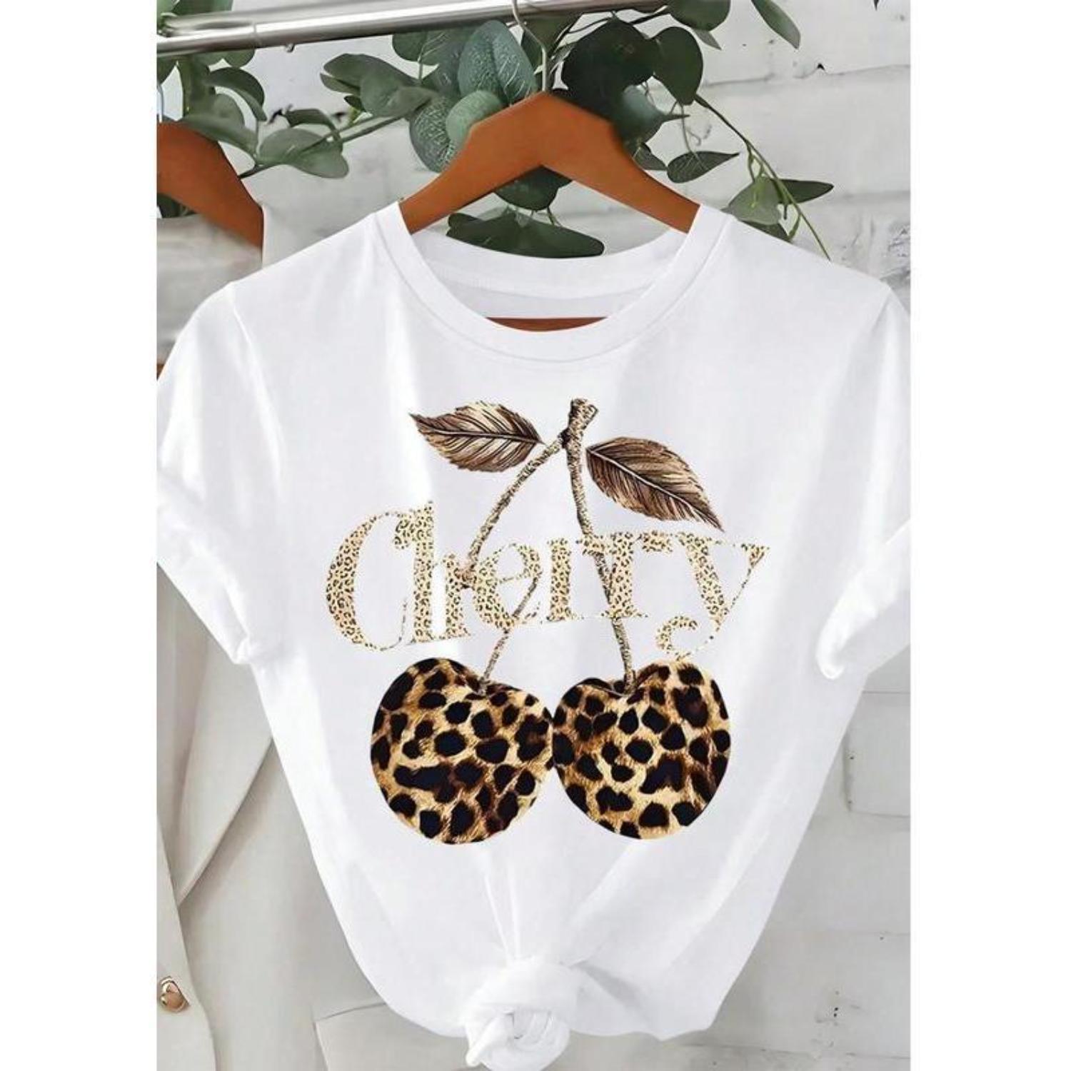 Vintage Women's Cherry and Leopard Print Round Neck Graphic Tee for Casual Daily Wear All Seasons
