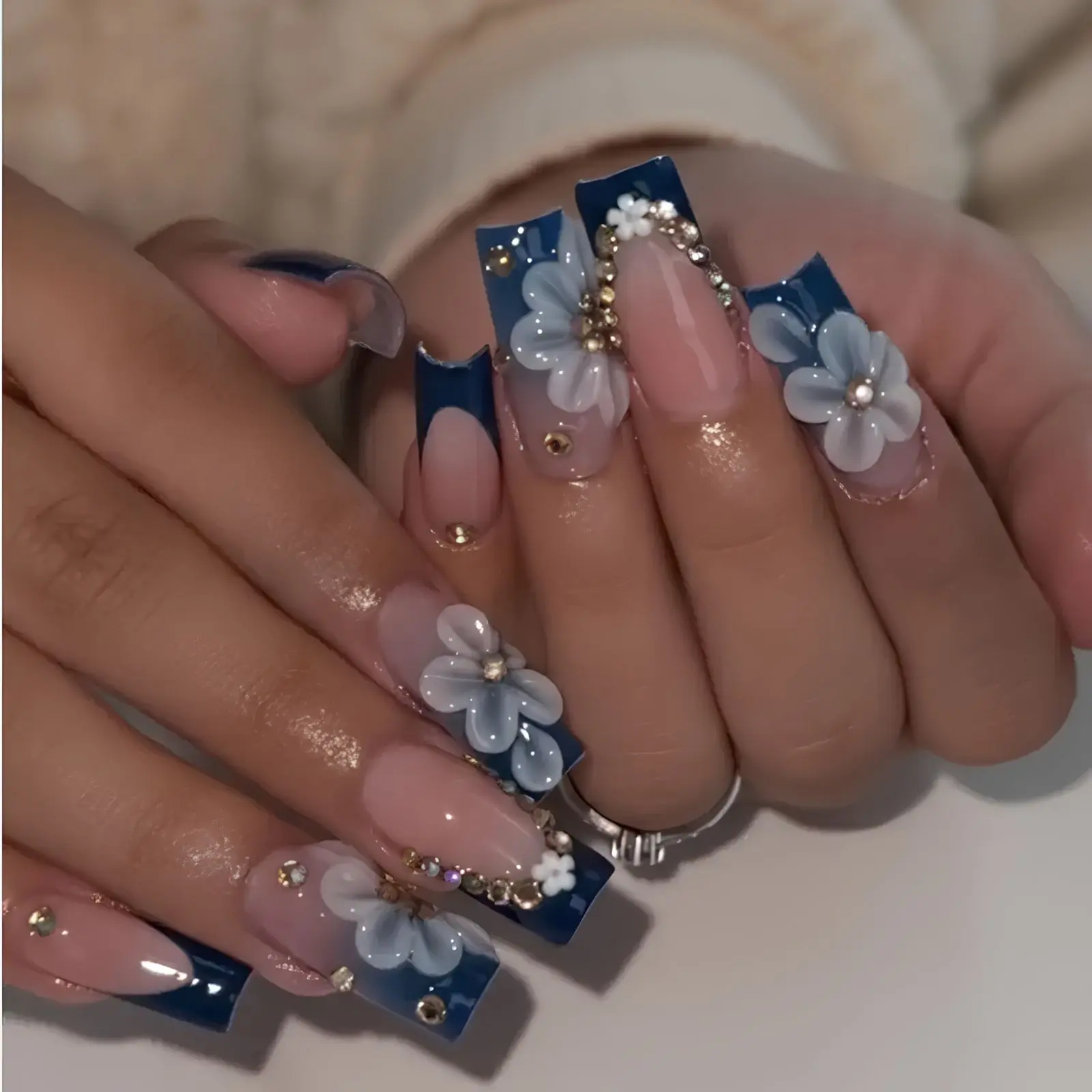 Navy Blue 3D Flower Press On Nails | Handmade French Tip Fake Nails | Elegant Long Coffin Nails with Rhinestones | Reusable Luxury Nail Set