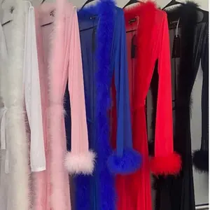 Elegant Long Soft Sheer Robe in Red with Fluffy Trim - Fashionable and Stylish Design