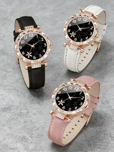 Ladies' Diamond studded Dial PU Leather Strap Quartz Casual Trendy Wristwatch Bracelet Set for Women