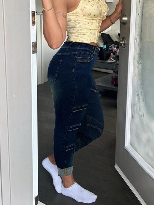 Plus Size Raw Hem High-Waisted Denim Jeans with Pockets, Casual Comfy Slim-fitting Trousers for Daily Wear, Women's Bottoms for Summer