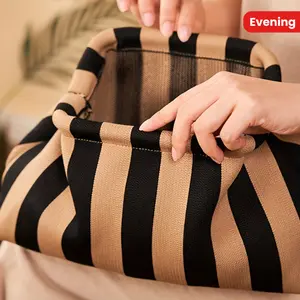 Large Capacity Elegant Knit Clutch - Black & White Striped, Kiss Lock, Perfect for Women's Evening & Travel Makeup Bag