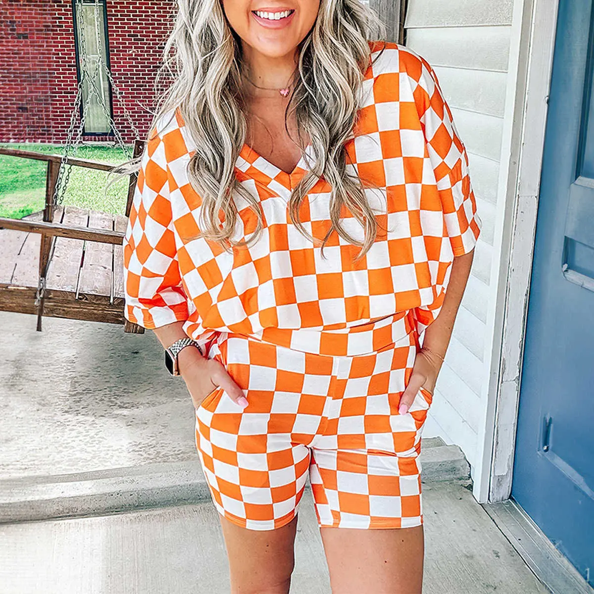Orange Checkerboard Print V Neck Loose Tee and Shorts Lounge Set