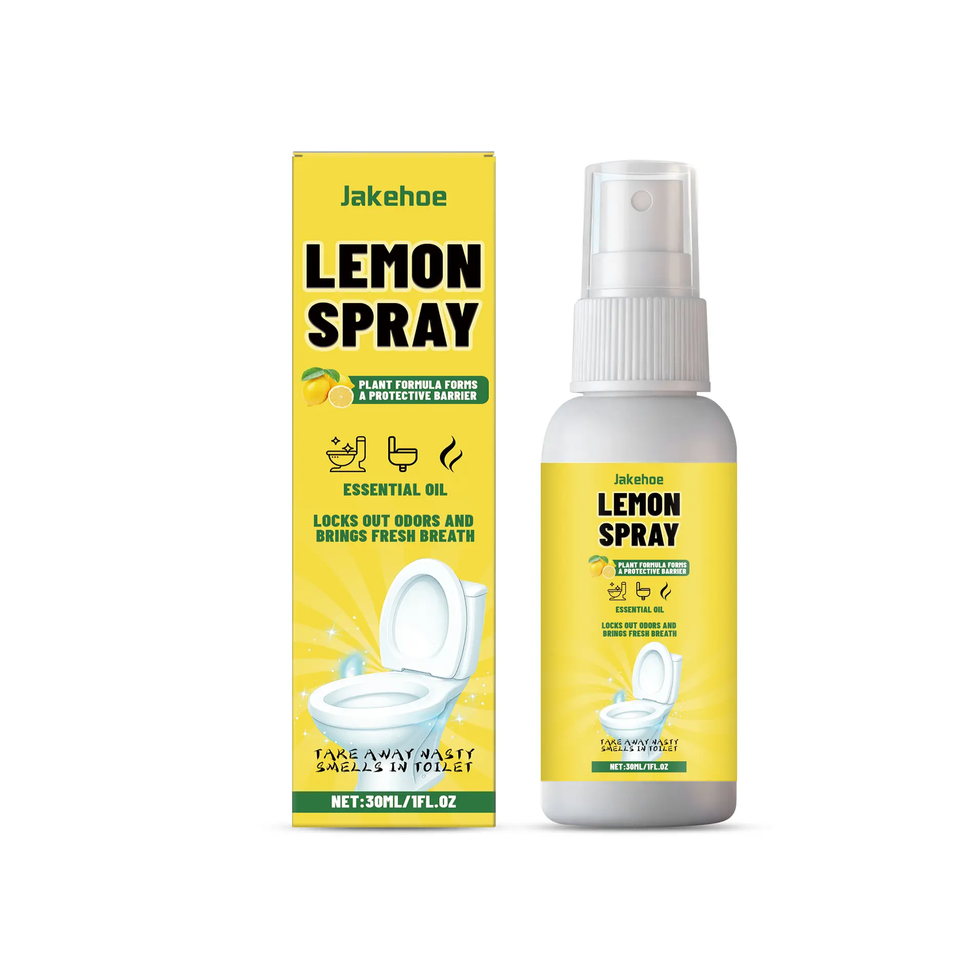 Jakehoe Lemon-Scented Toilet Deodorizing Spray - Toilet Cleaner, Odor Blocker, Scale Remover, Aroma Freshener for Bathroom Use, Indoors, Locks in Odors, Maintains Freshness, Prevents Odors From Escaping