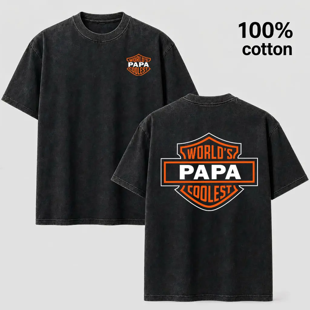 Men's Vintage Washed Cotton Graphic T-Shirt - World's Coolest Papa Vintage Biker Style - Black Mineral Wash Short-Sleeve Top, Men's Graphic Tees, Tshirt, Shortsleeve, Casual, Menswear, Father's Day Gift, Papa Badge, Mineral Washed