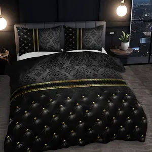 2/3 Piece Luxury Black Gold Jacquard Texture Faux Leather Bedding Set, 1 Duvet Cover + 1/2 Pillowcase (Pillow Core Not Included), High-Definition Print All-Season Home Use