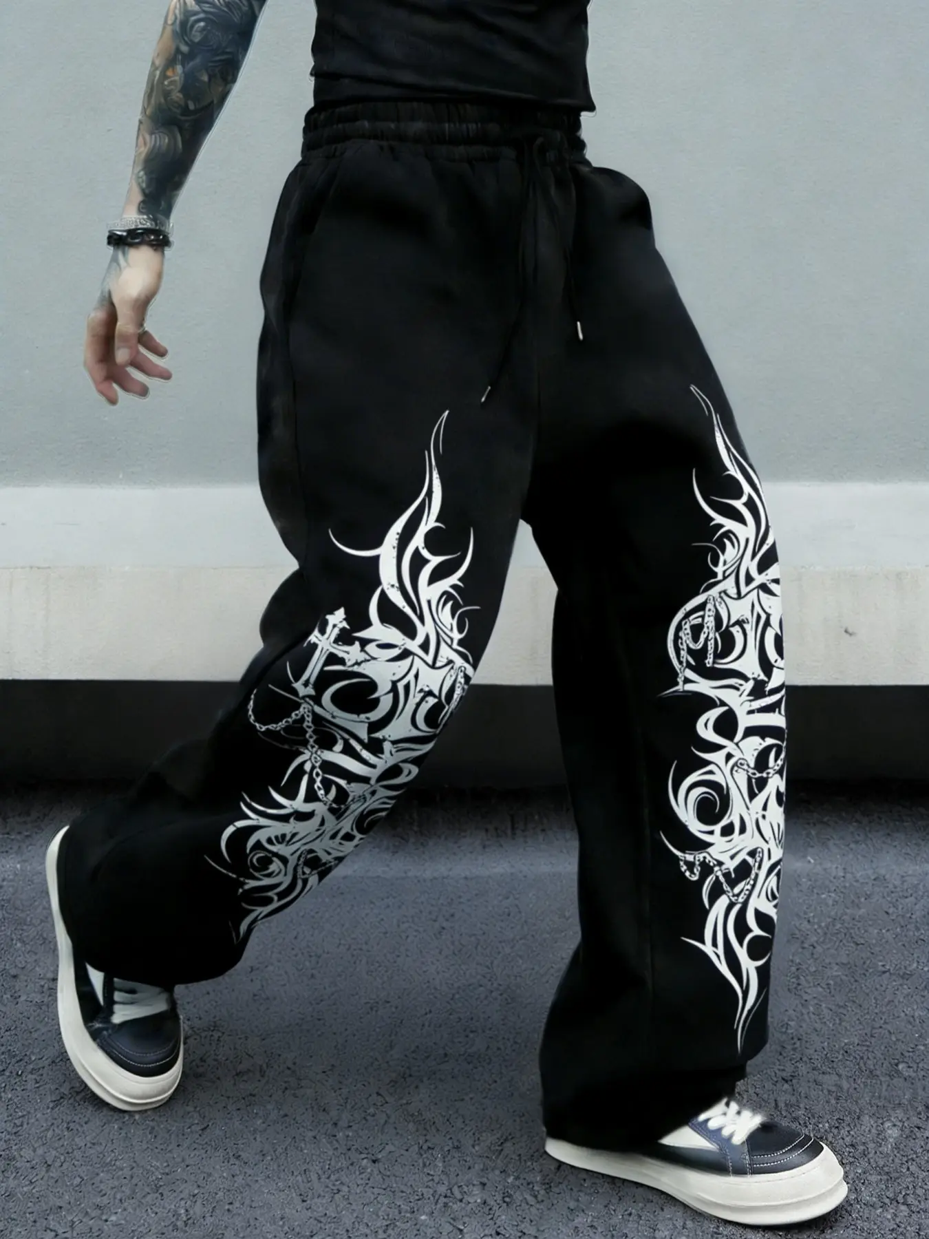 Men's Y2K Gothic Print Wide Leg Pants, Street Style Fitted Drawstring Waist, Dark Fashion Essential for All Seasons